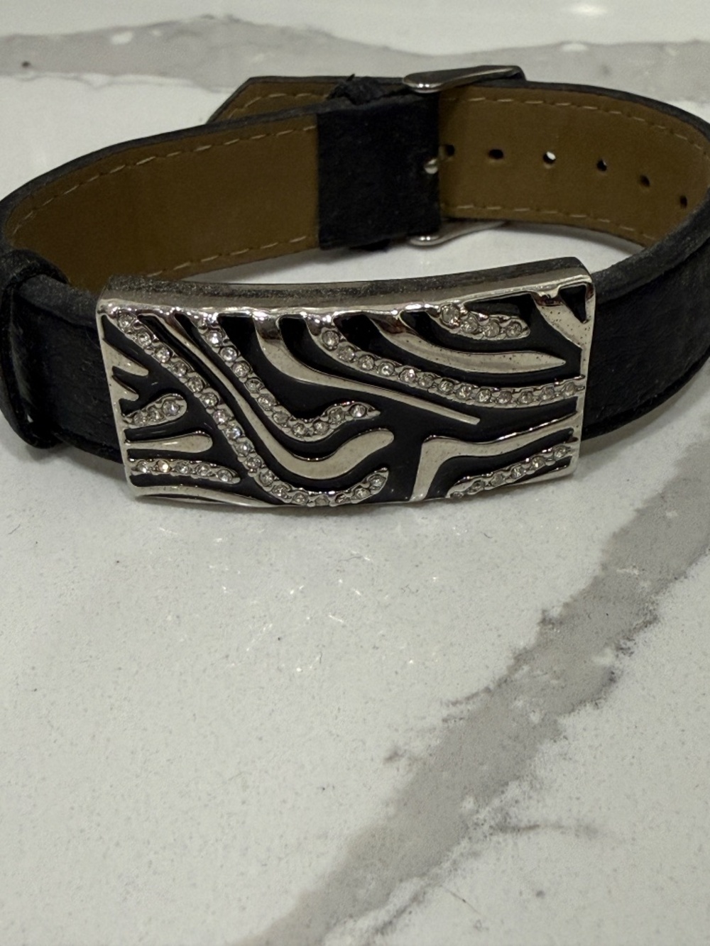 Lia Sophia Zebra Crystal Leather Bracelet – Black Silver Tone Statement Cuff - Picture 2 of 3